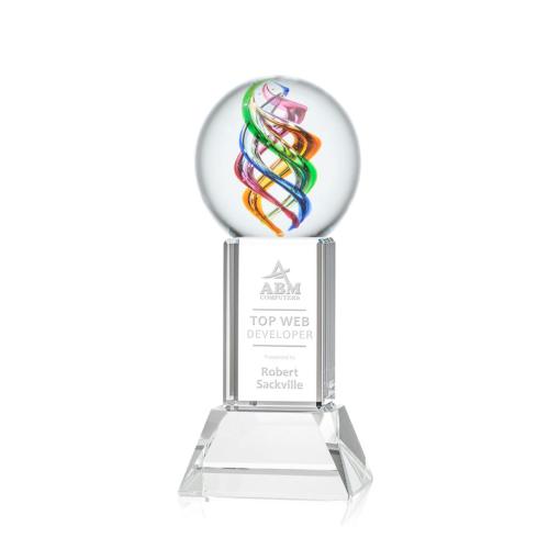 Awards and Trophies - Crystal Awards - Glass Awards - Art Glass Awards - Galileo Clear on Stowe Base Globe Glass Award