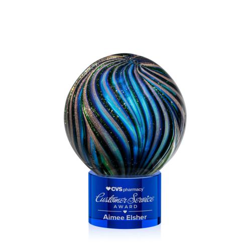 Awards and Trophies - Crystal Awards - Glass Awards - Art Glass Awards - Malton Blue on Marvel Base Globe Glass Award