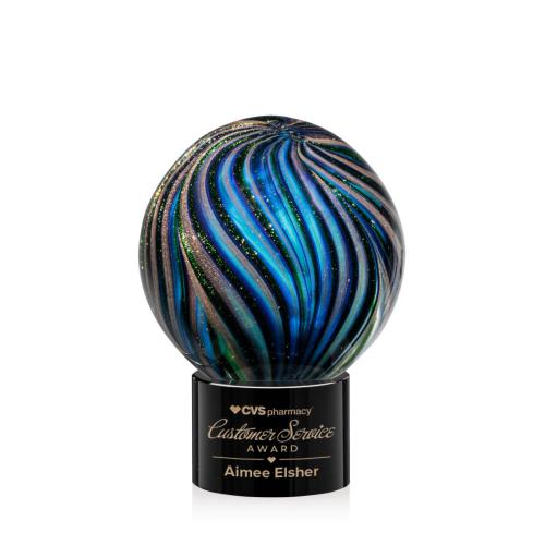 Awards and Trophies - Crystal Awards - Glass Awards - Art Glass Awards - Malton Black on Marvel Base Globe Glass Award