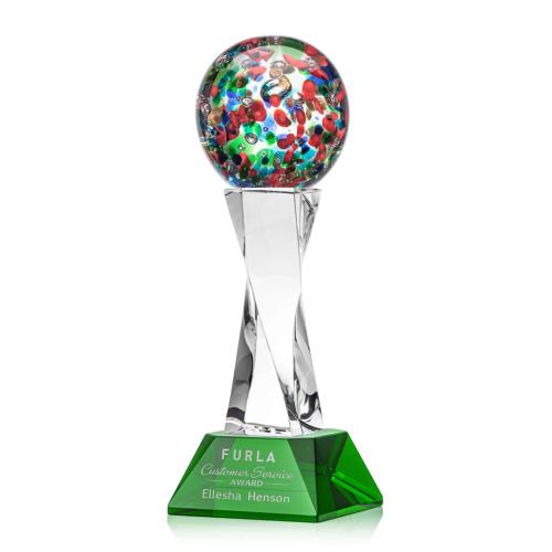 Awards and Trophies - Crystal Awards - Glass Awards - Art Glass Awards - Fantasia Green on Langport Base Globe Glass Award