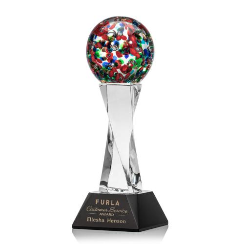 Awards and Trophies - Crystal Awards - Glass Awards - Art Glass Awards - Fantasia Black on Langport Base Globe Glass Award