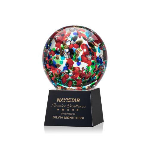 Awards and Trophies - Crystal Awards - Glass Awards - Art Glass Awards - Fantasia Black on Robson Base Globe Glass Award