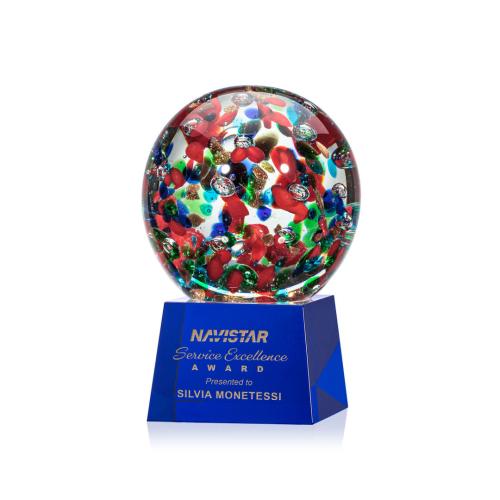 Awards and Trophies - Crystal Awards - Glass Awards - Art Glass Awards - Fantasia Blue on Robson Base Globe Glass Award