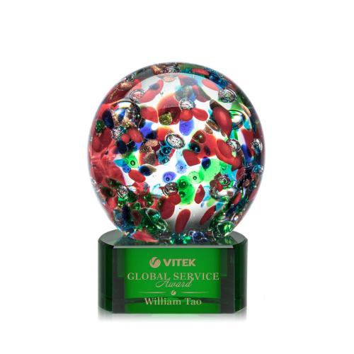 Awards and Trophies - Crystal Awards - Glass Awards - Art Glass Awards - Fantasia Green on Paragon Base Globe Glass Award