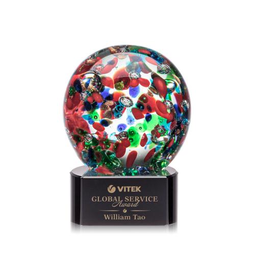 Awards and Trophies - Crystal Awards - Glass Awards - Art Glass Awards - Fantasia Black on Paragon Base Globe Glass Award