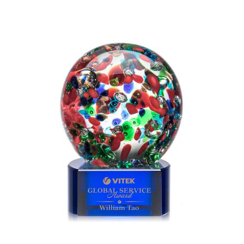 Awards and Trophies - Crystal Awards - Glass Awards - Art Glass Awards - Fantasia Blue on Paragon Base Globe Glass Award