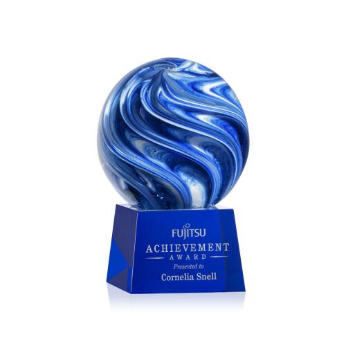 Awards and Trophies - Crystal Awards - Glass Awards - Art Glass Awards - Naples Blue on Robson Base Globe Glass Award