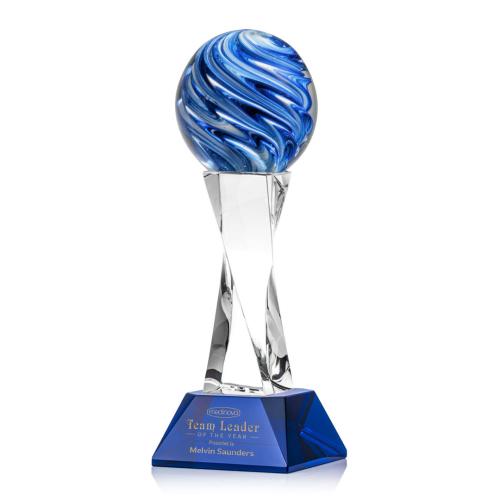 Awards and Trophies - Crystal Awards - Glass Awards - Art Glass Awards - Naples Blue on Langport Base Globe Glass Award