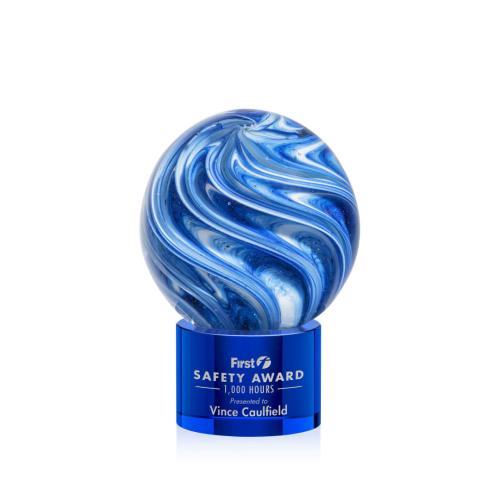Awards and Trophies - Crystal Awards - Glass Awards - Art Glass Awards - Naples Blue on Marvel Base Globe Glass Award