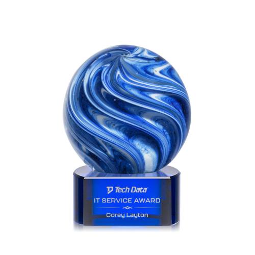 Awards and Trophies - Crystal Awards - Glass Awards - Art Glass Awards - Naples Blue on Paragon Base Globe Glass Award